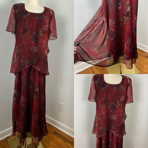 Coldwater Creek Wine Sheer Floral Print Maxi Dress Cottagecore Fairy Sz 14